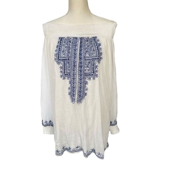 Tularosa Jacqueline Blue Embroidered Tunic Off shoulder Mini Dress White Size S - Picture 2 of 9